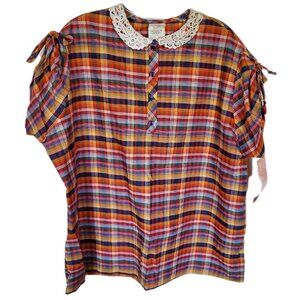 Vintage 70s Land 'n Sea Madras Plaid Blouse NWT Lace Prairie Collar Size 42 L/XL